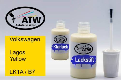 Volkswagen, Lagos Yellow, LK1A / B7: 20ml Lackstift + 20ml Klarlack - Set, von ATW Autoteile West.